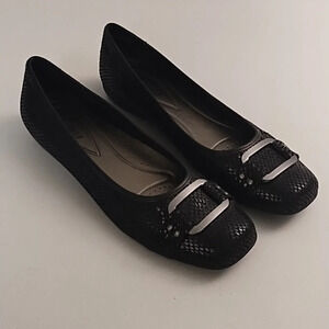 Black Snake with Buckle, Square toe, 3/4" heel Rubber bottom, Ballet Flat Shoes